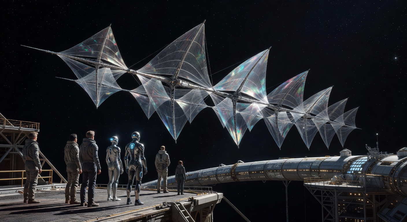 Early interstellar architecture project in 2122. A small group of humans (biological and synthetic) watches the construction of the first large interstellar probe or light-sail array from an observation platform. A new-generation habitat curves in the distance.