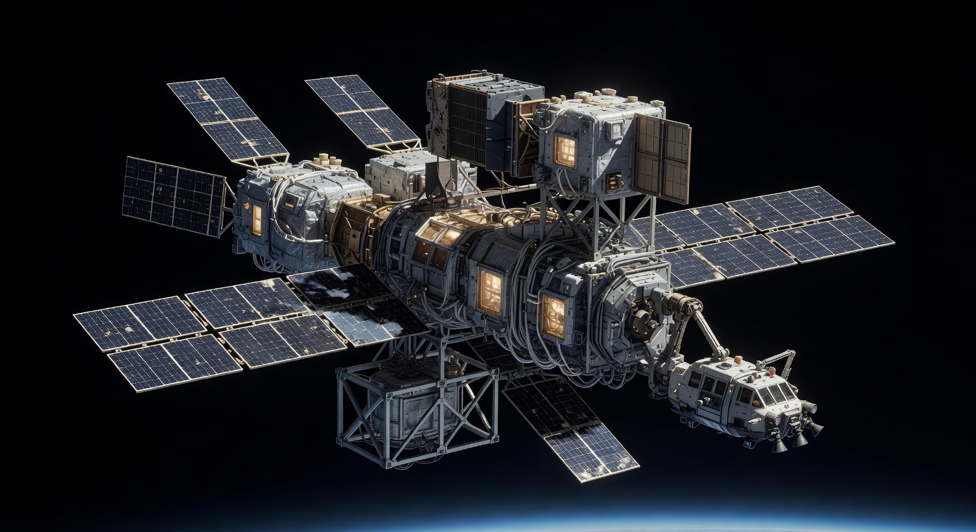 An early experimental orbital compute testbed in 2038 — still a modest proof-of-concept while the main story on Earth is the massive buildout of AI data centers powered by modular nuclear.