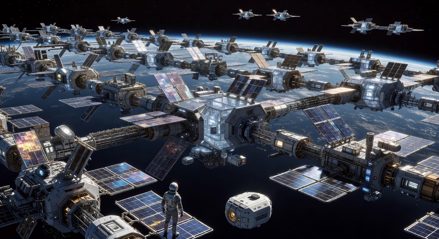 A massive swarm of orbital data centers and compute platforms in 2055, glowing against the curve of the Earth. This is the industrial backbone that made the later explosion of superintelligent capability possible.