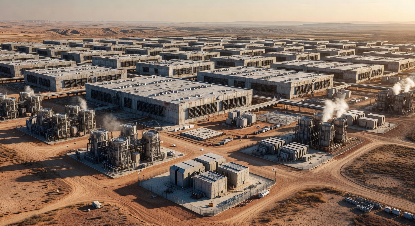 A vast terrestrial hyperscale AI data center campus in 2045, with dozens of large buildings and integrated modular nuclear reactors providing the dense, reliable power that made the great Earth-side compute buildout possible.
