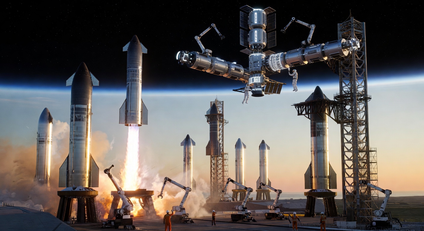 A Starship fleet operating at high cadence in the early 2040s, launching large modular payloads that will become the first generation of orbital data centers and infrastructure — the logistics breakthrough that made the shift from Earth-only compute viable.