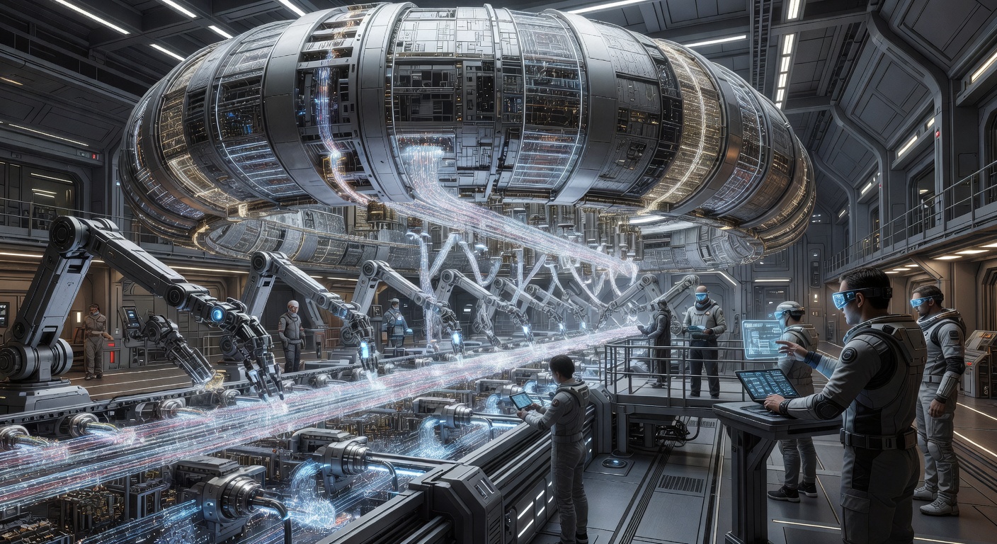 Molecular assembly systems at work inside an orbital construction facility in the 2080s, building structural elements for a new O'Neill cylinder with near-perfect efficiency from asteroid material. This technology fundamentally changes what is possible to build in space.