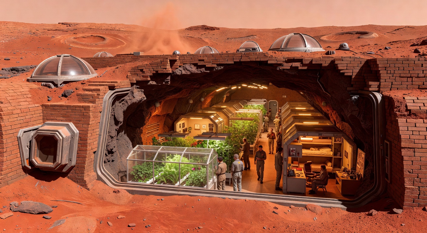 A mature Martian settlement in the 2090s built into a lava tube, with thick layers of sintered regolith providing radiation shielding and thermal stability. Only small observation domes and airlocks break the surface.
