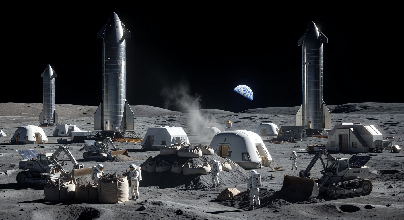 An early permanent lunar base in the mid-2040s. Starship landers sit on the surface beside small habitats that crews are hurriedly covering with regolith for radiation shielding. The scene is stark and industrial — humanity's first real foothold off Earth.