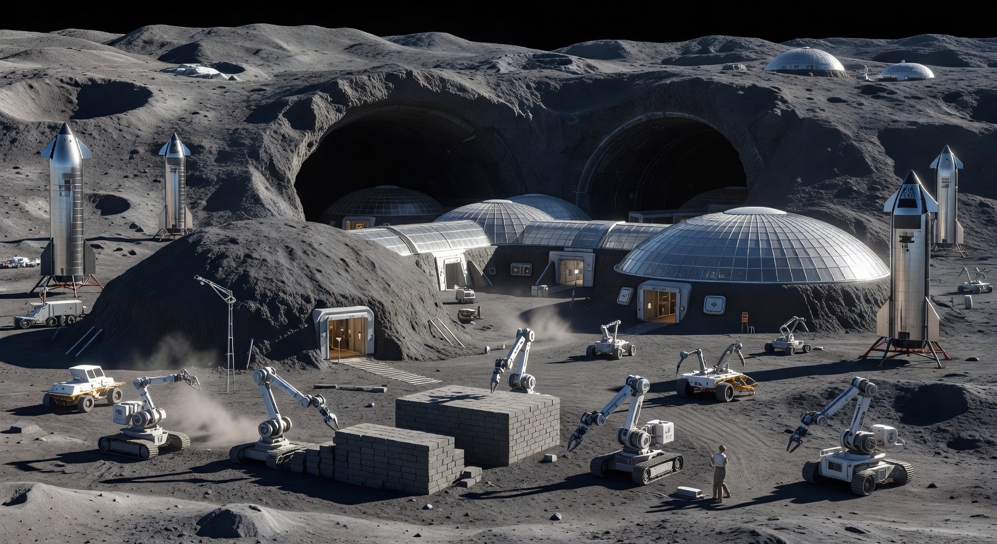 A maturing lunar base in the late 2060s integrated into a lava tube near the south pole. Regolith-covered modules and early 3D-printed structures sit at the tube entrance, with robotic systems actively sintering more material. The settlement is transitioning from temporary outpost to something more permanent and protected.