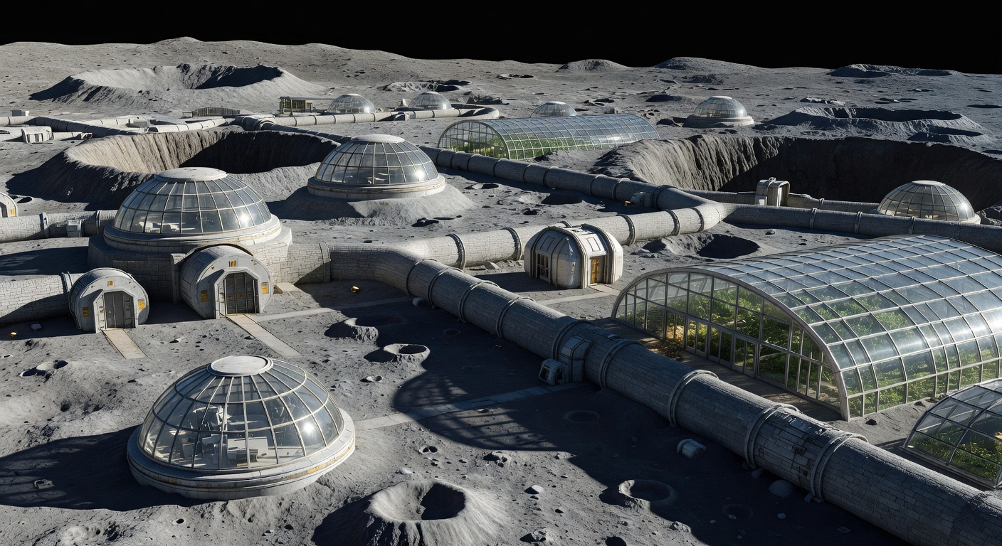 A large, mature lunar city near the south pole in the 2090s. Multiple lava tubes and craters have been developed with extensive regolith shielding. Only observation domes, airlocks, and large greenhouses are visible on the surface while most of the city lives and works below.