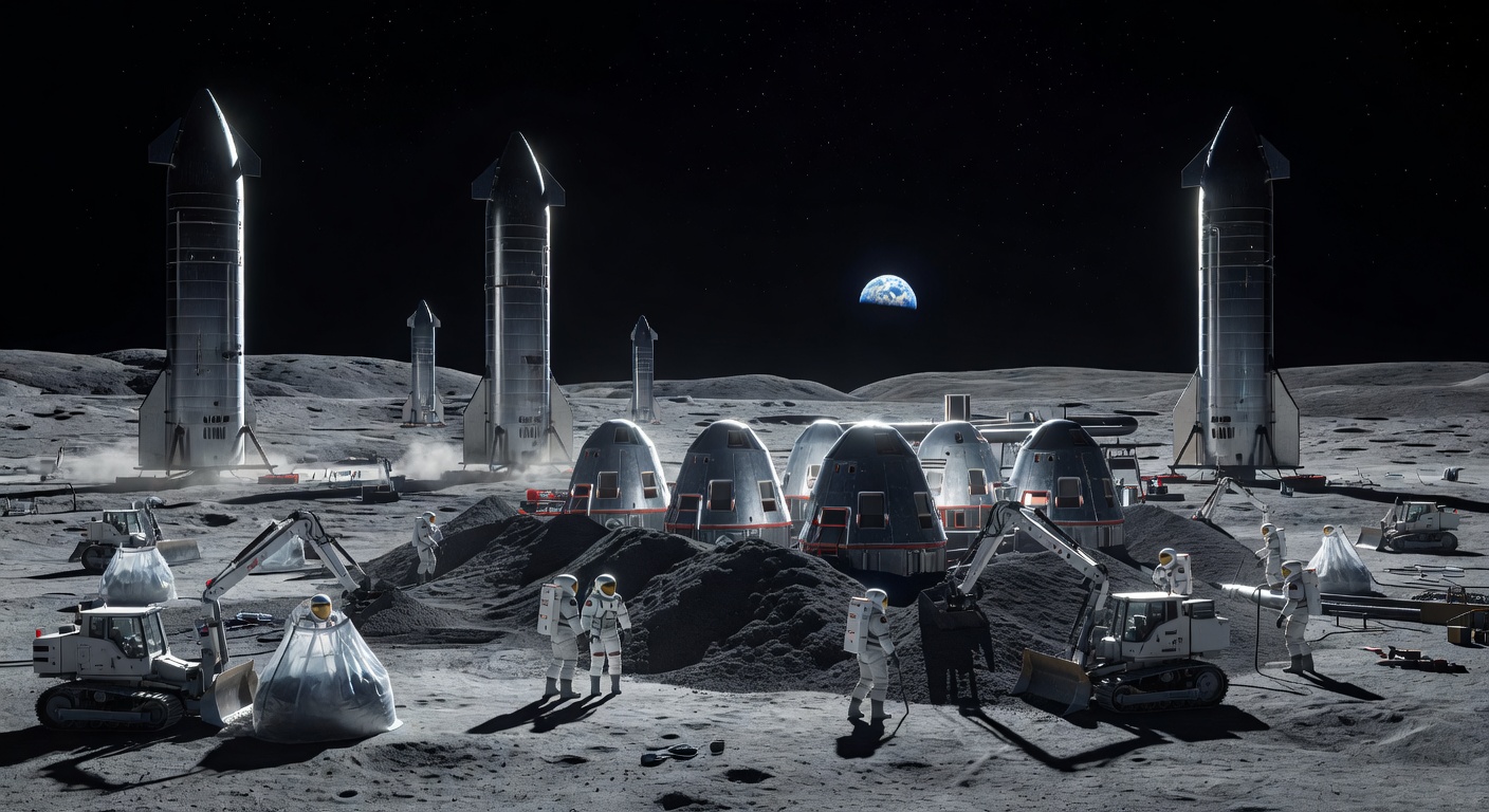 An early lunar base in the mid-2040s focused on regolith shielding operations. Crews and small robotic systems are piling lunar soil over habitats to create protection from radiation and micrometeorites.