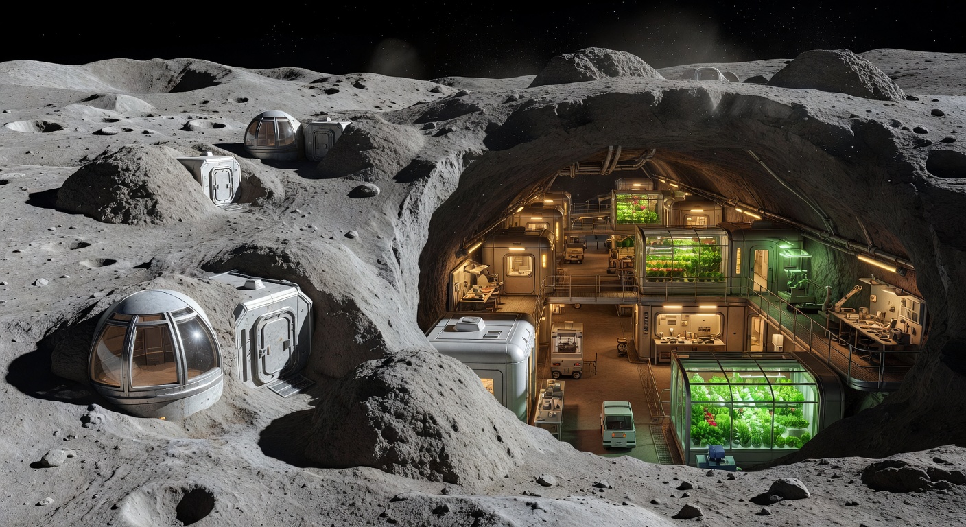 A substantial lunar base in the 2090s built deep into a lava tube. Thick regolith shielding and multi-level underground facilities provide excellent radiation protection and a stable environment for long-term habitation and industry.