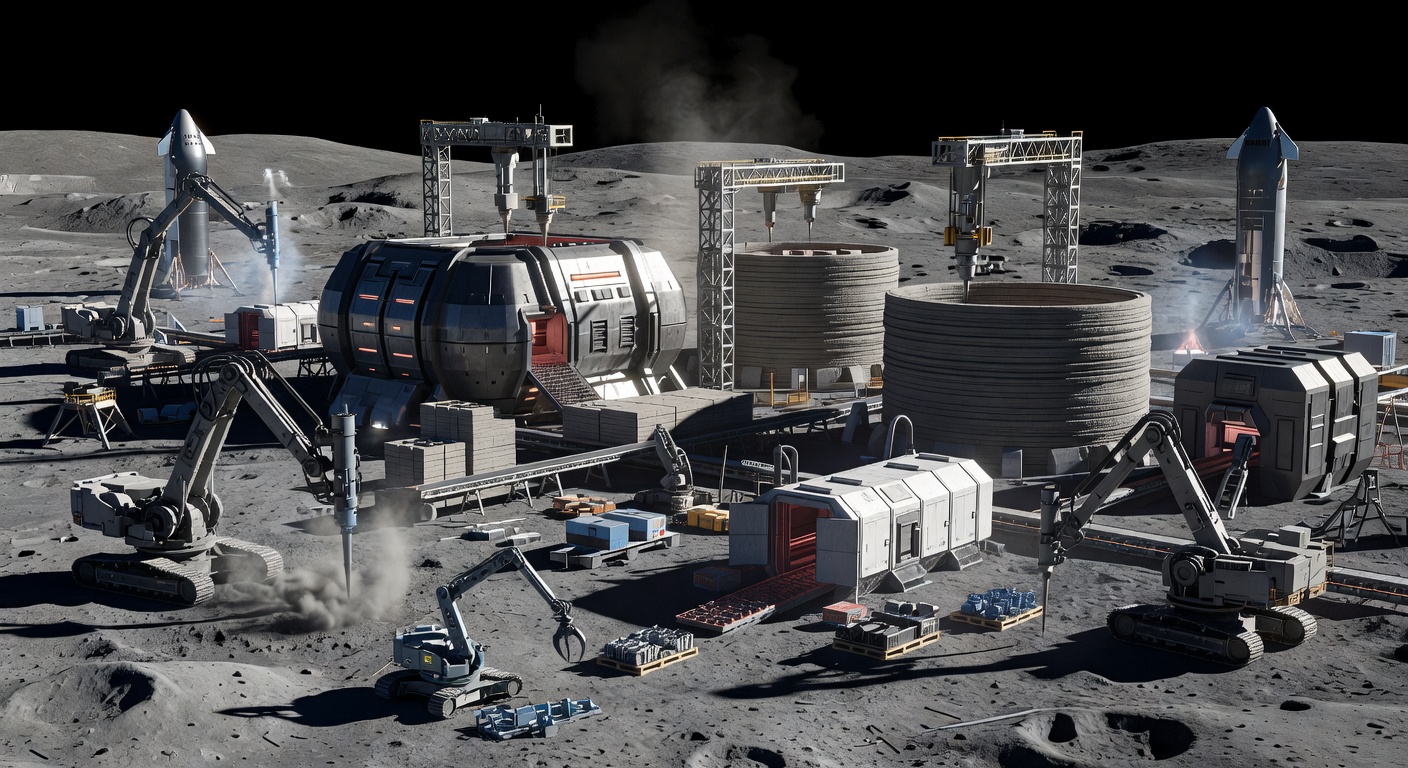 A large-scale lunar surface assembly facility in the 2080s. Robotic systems are mining regolith, sintering it into construction materials, and 3D-printing habitat modules in a dedicated industrial zone.