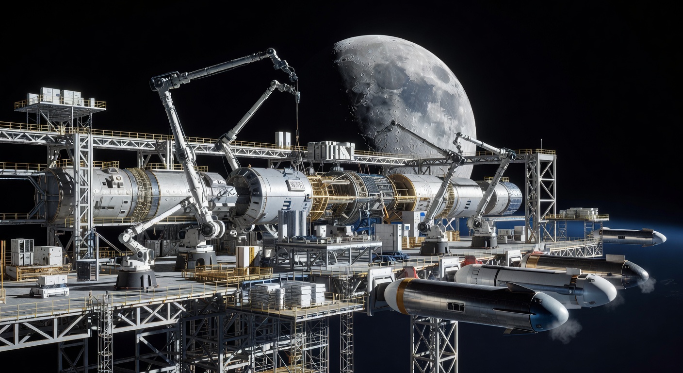 A large in-orbit assembly facility in cislunar space near the Moon in the 2090s. Robotic systems and multiple construction bays are assembling major habitat and infrastructure components, with the lunar surface visible below.