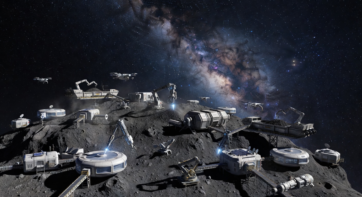 A busy asteroid mining operation in the main belt during the 2090s. Swarms of automated mining ships work a large carbonaceous asteroid while a central hub coordinates operations and loads refined materials onto freighters bound for construction sites.