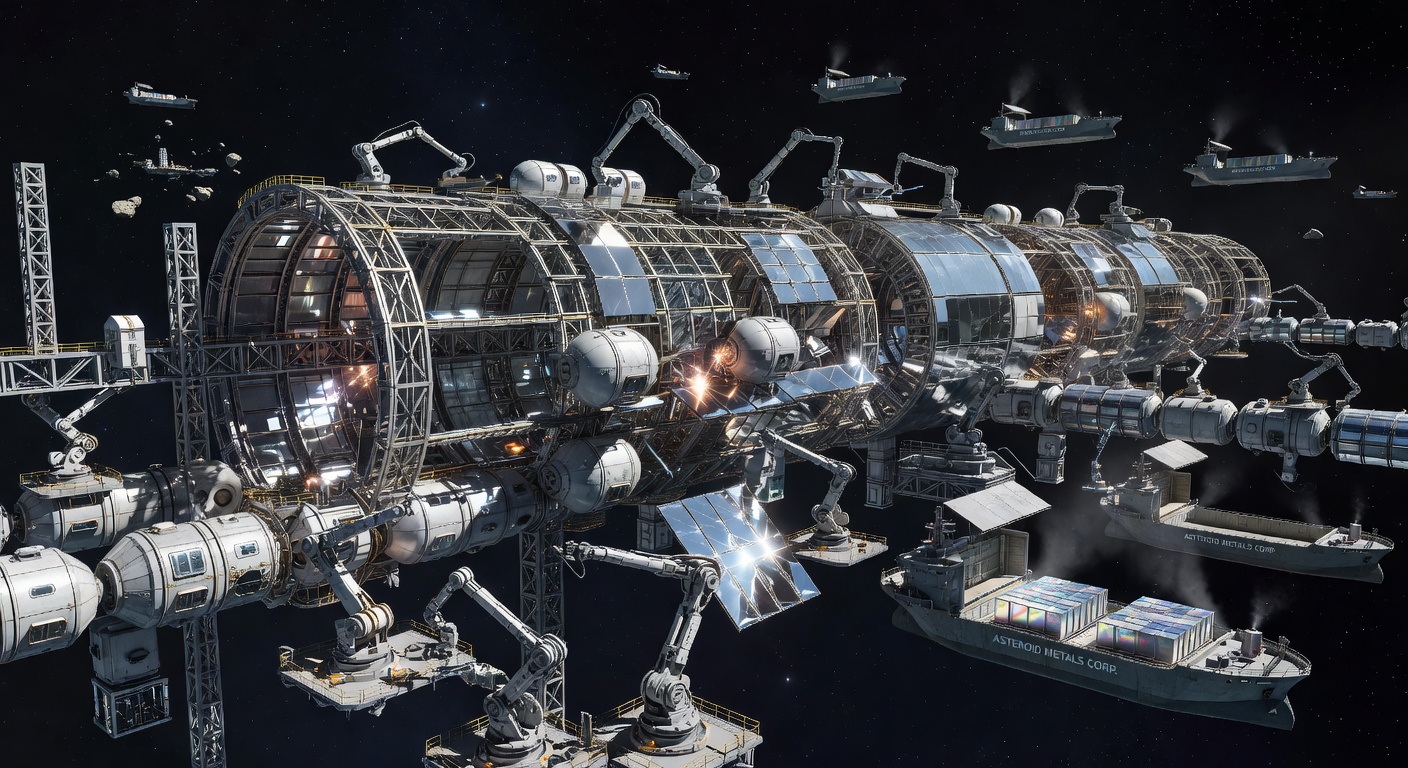 A massive in-space assembly yard where asteroid-derived materials are being used to construct a large O'Neill cylinder. Huge truss sections and habitat modules are assembled by robotic platforms fed by automated freighters.