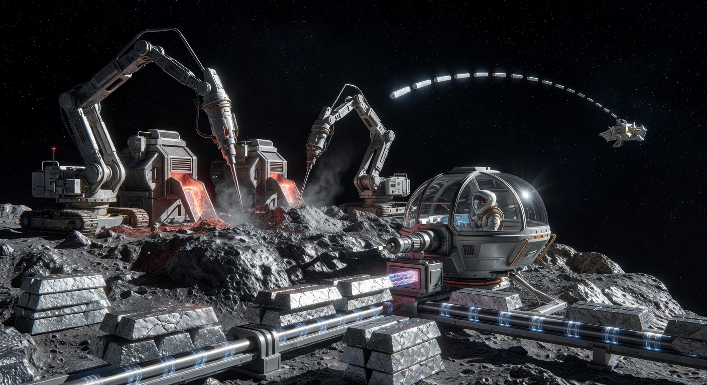 An automated mining operation on a metallic asteroid. Robotic excavators process ore on the surface while a small manned control habitat provides oversight.
