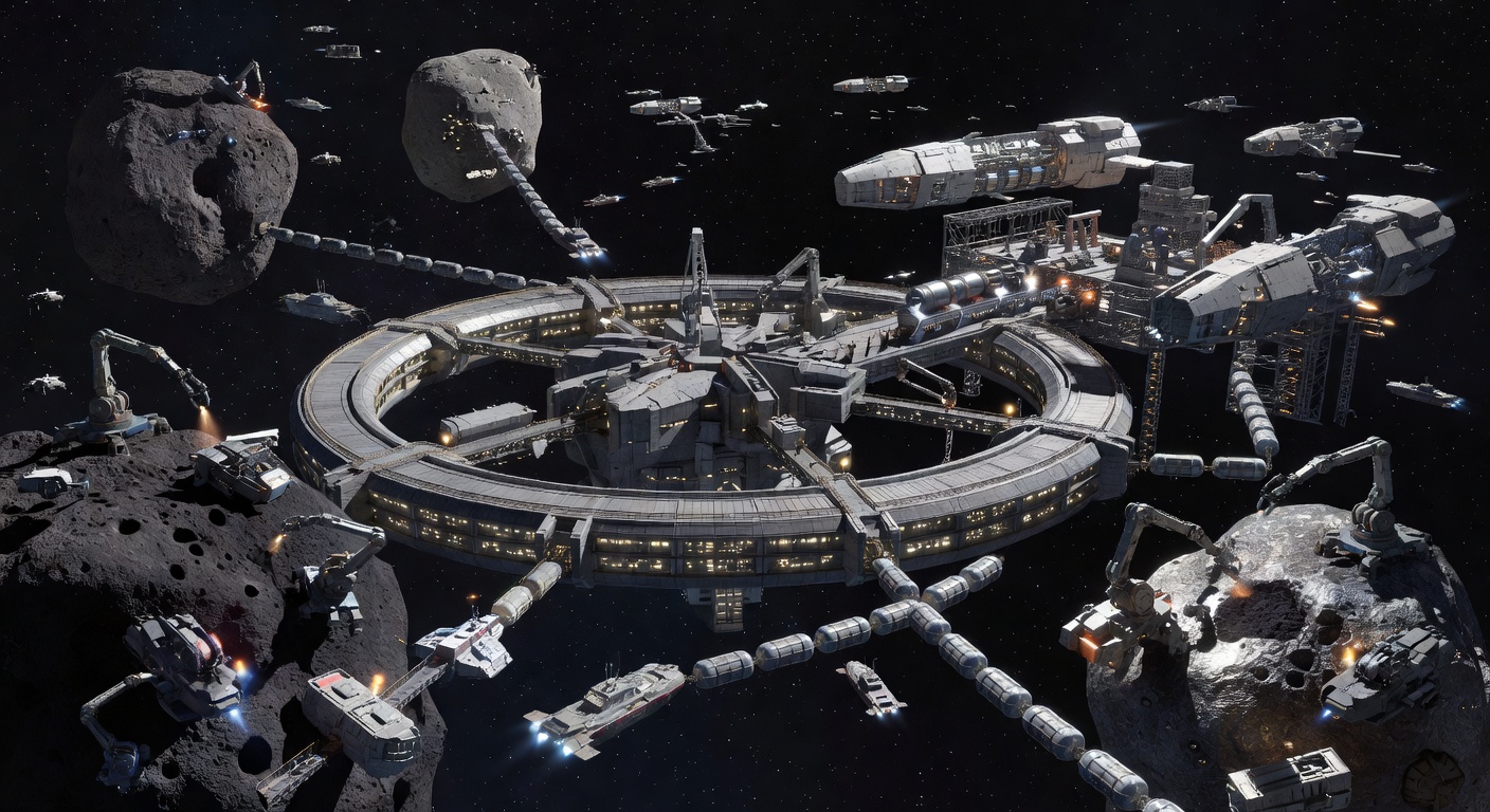 A major asteroid mining and processing hub in the late 21st century. Multiple asteroids are being worked simultaneously while large freighters carry refined materials toward distant shipyards building O'Neill cylinders and interstellar vessels.