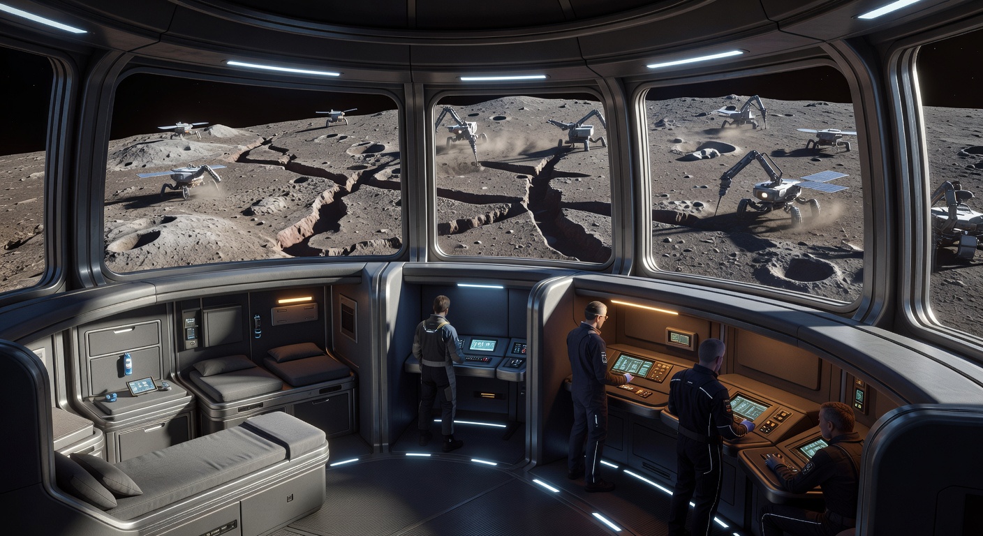 The interior of a manned outpost attached to a mined asteroid. Crews monitor fleets of automated drones working the surface below.